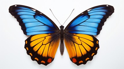 Fototapeta premium A stunning butterfly with vibrant blue, yellow, and orange hues, featuring subtle Halloween motifs on its wings, soaring gracefully against a white backdrop.