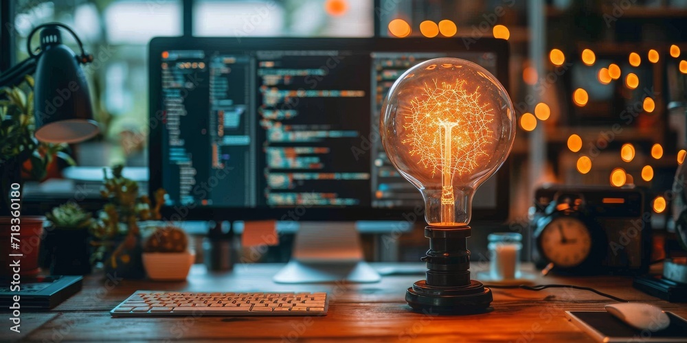 Aufkleber Visionary Programmer Engages with Advanced Data Analysis and Cybernetic Patterns in a High-Tech Workspace Illuminated by the Soft Glow of Multiple Screens, Generative AI
