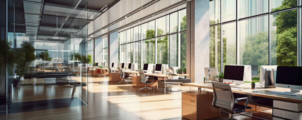 Interior of a modern office setting in the city with lots of natural light - Powered by Adobe