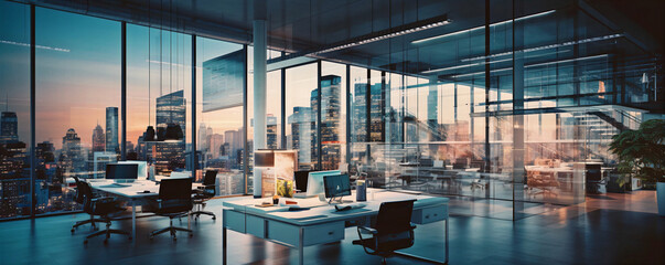 Modern office setting with co-working space and lots of glass walls and a great view of the city