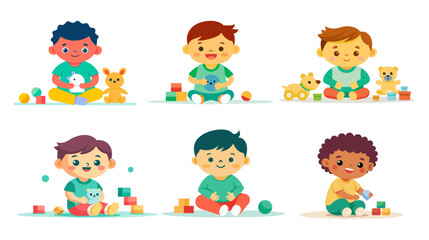 Diverse group of cartoon toddlers playing with toys and smiling