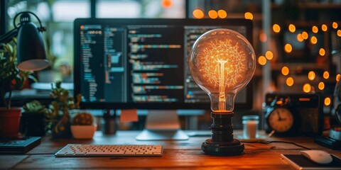 Visionary Programmer Engages with Advanced Data Analysis and Cybernetic Patterns in a High-Tech Workspace Illuminated by the Soft Glow of Multiple Screens, Generative AI