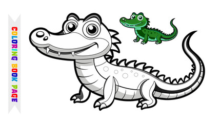 Cute cartoon alligator coloring book page illustration for kids