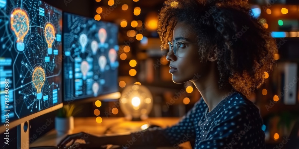 Leinwandbilder Visionary Programmer Engages with Advanced Data Analysis and Cybernetic Patterns in a High-Tech Workspace Illuminated by the Soft Glow of Multiple Screens, Generative AI