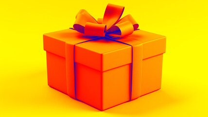 Bright orange gift box with ribbon bow on yellow background