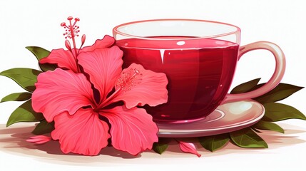 Fototapeta na wymiar a painting of a cup of tea with a pink flower on a saucer and a green leafy plant.
