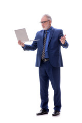 Old businessman holding laptop isolated on white