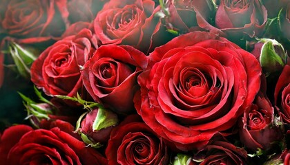 Beautiful red roses flowers as background . Womans day and valentines day concept banner