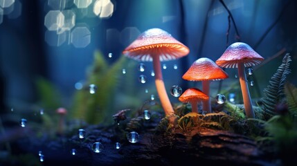 Fototapeta premium a group of mushrooms sitting on top of a forest covered in raindrops on a mossy forest floor.