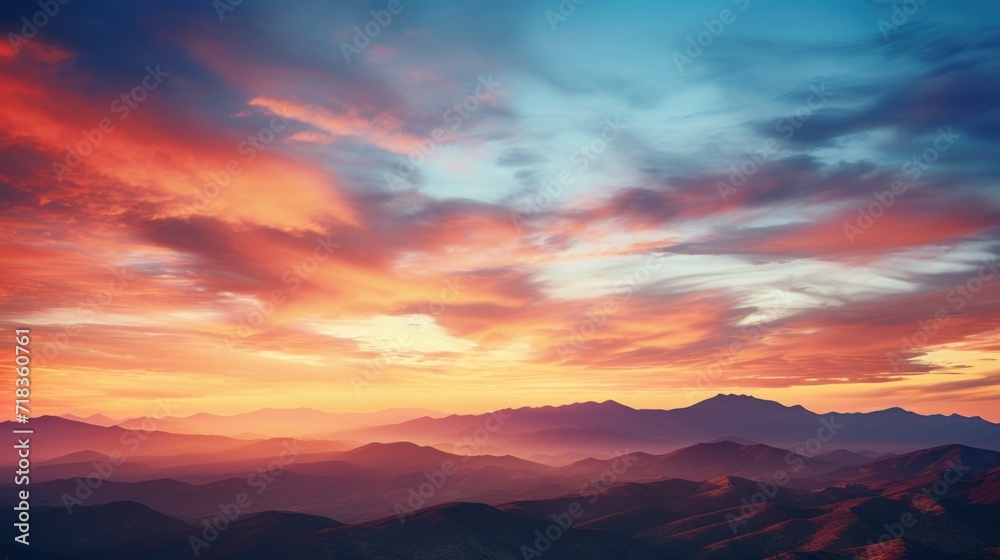 Canvas Prints  a sunset view of a mountain range with clouds in the sky and mountains in the foreground with a red and blue sky.