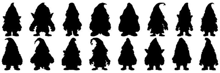 Gnome dwarf elf silhouettes set, large pack of vector silhouette design, isolated white background. - obrazy, fototapety, plakaty