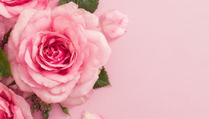 Banner with pink rose flower texture. Springtime background with copyspace.	
