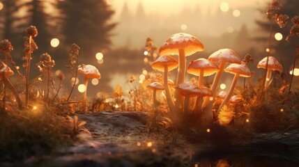  a group of mushrooms sitting on top of a lush green field next to a forest filled with lots of trees.