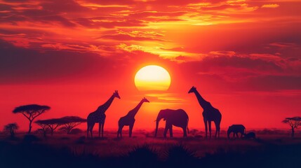 Fototapeta na wymiar Silhouette of elephants and giraffes with sunset. Element of design.