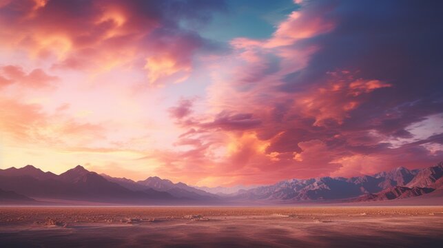  a sunset view of a mountain range with clouds in the sky and a pink and blue sky in the background.