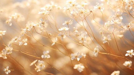  a close up of a bunch of white flowers on a tree branch with a blurry sky in the background.