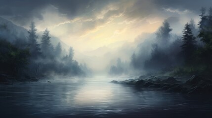  a painting of a body of water with trees on both sides of it and a cloudy sky in the background.
