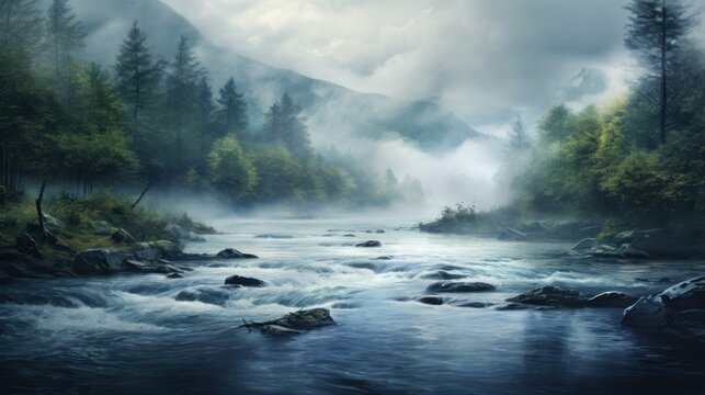  a painting of a river in the middle of a forest with rocks in the foreground and fog in the background.