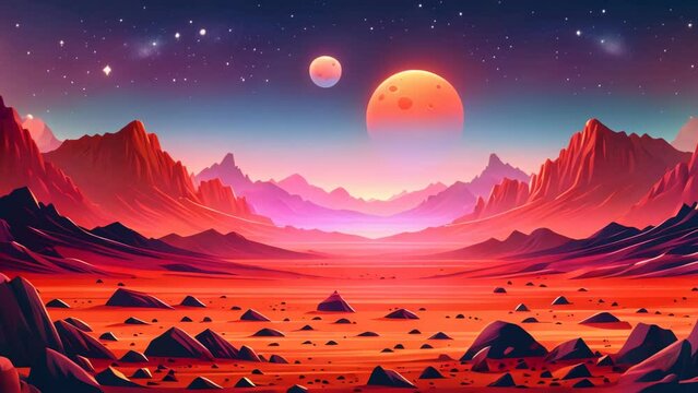 Martian extraterrestrial computer game backdrop Red desert surface with mountains, craters, Mars landscape, alien planet background	