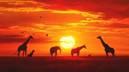 Fototapeta na wymiar Silhouette of elephants and giraffes with sunset. Element of design.
