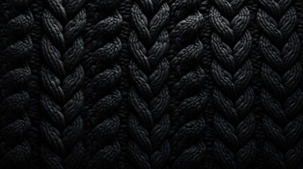  a close up of a black knitted material with a pattern of braiding on the side of the fabric.