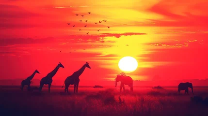 Fototapeten Silhouette of elephants and giraffes with sunset. Element of design. © Ibad