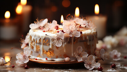 Baked chocolate dessert, sweet candlelight decoration, homemade birthday cake generated by AI