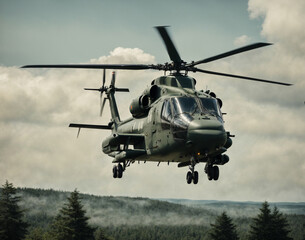 Military helicopter in the sky above the forest