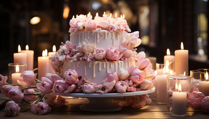 Obraz na płótnie Canvas Burning candle illuminates elegant table with gourmet birthday cake generated by AI