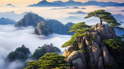 Obraz premium a painting of a mountain landscape with pine trees on the top of a mountain surrounded by fog and low lying clouds.