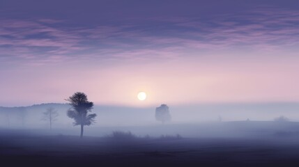 Obraz premium a foggy landscape with trees in the foreground and the sun in the distance with clouds in the background.