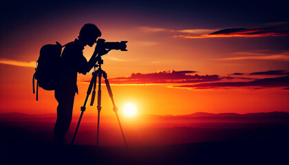 Fototapeta premium Peaceful Evening Overlook by Silhouetted Camera Enthusiast