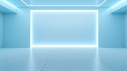 A tranquil light blue wall with recessed lighting creating a soft, ambient effect, paired with a glossy, unmarked floor for a contemporary presentation background, empty white room