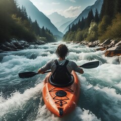 whitewater kayaking, down a white water rapid river in the mountains created with generative ai - obrazy, fototapety, plakaty