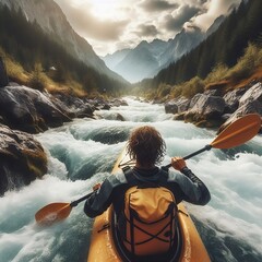 whitewater kayaking, down a white water rapid river in the mountains created with generative ai - obrazy, fototapety, plakaty