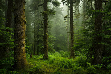 Obraz premium dense forest emerges from the mist, with towering trees adorned with intricate patterns of moss and lichen