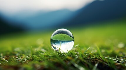  a close up of a water drop with a green leaf in the middle of it on a grass field with mountains in the background.