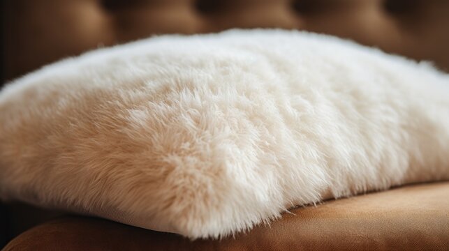  a white fur pillow sitting on top of a brown leather chair on top of a brown leather chair with a white pillow on top of it.