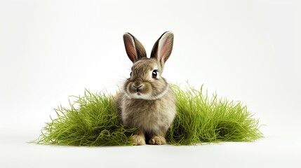 easter bunny on grass isolated on white background - obrazy, fototapety, plakaty