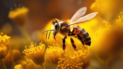  a close up of a bee on a flower with yellow flowers in the background and a blurry image of a bee in the foreground. - obrazy, fototapety, plakaty