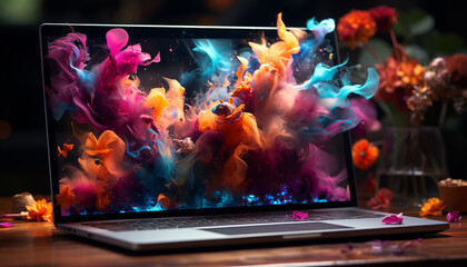 Abstract laptop on fire, vibrant colors exploding chaos generated by AI - obrazy, fototapety, plakaty