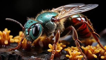 Small yellow bee in macro, collecting honey generated by AI