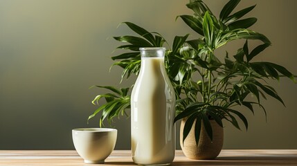  a bottle of milk next to a glass of milk and a cup on a table with a plant in the background.