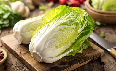Whole Napa cabbage ready for culinary use, fresh organic produce, kitchen setting with onions and herbs
