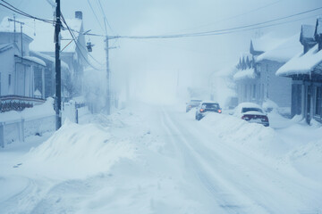 Overcast. Natural disasters winter, blizzard, heavy snow paralyzed city car roads, collapse. Snow covered cyclone