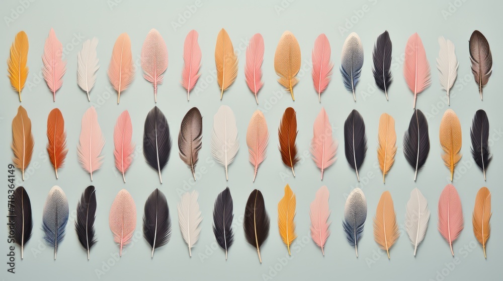 Sticker a group of different colored feathers arranged in a row on a light blue background with a light blue