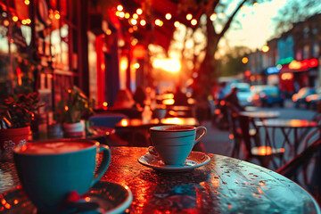 Cozy Cafe Setting with Hot Coffee, Breakfast Atmosphere in a Street Coffee Shop, Morning Beverage Concept