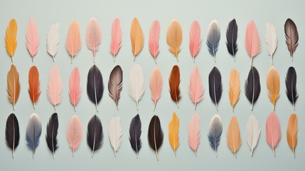  a group of different colored feathers arranged in a row on a light blue background with a light blue back ground.