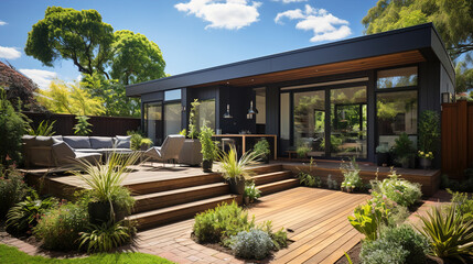 Fototapeta na wymiar A garden with a Modern house extension renovation terrace design