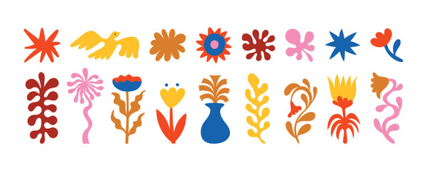 Vector illustration in simple hand drawn and linocut style - natural print, poster or logo design template - spring illustration - birds and flowers © venimo